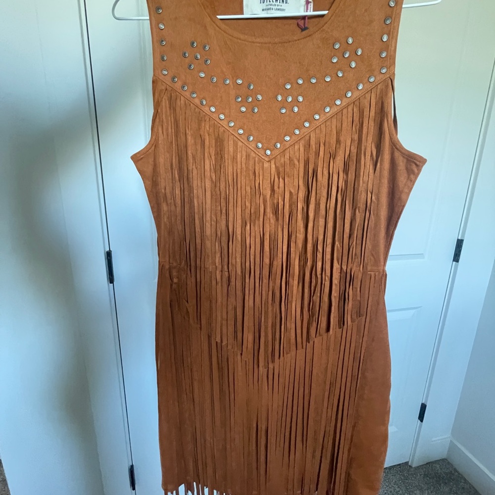 Suede Fringe Studded Sleeveless Dress - Tan